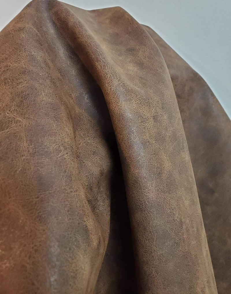 NAT Leathers | Brown Distressed Crazy Horse Oily Faux Vegan Leather PU (Peta Approved Vegan) | 2 Yards (72 inch Length x 54 inch Wide) Cut by Yard Synthetic Pleather 0.9 mm Upholstery | 72"X54" - Image 1